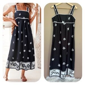 {Sunday Up} Floral Ricrac Sleeveless Midi Dress in Black & White - Womens Small